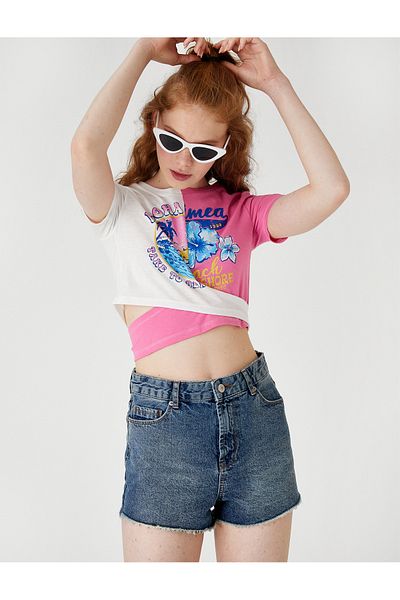 Koton Crop T-Shirt Printed Crew Neck