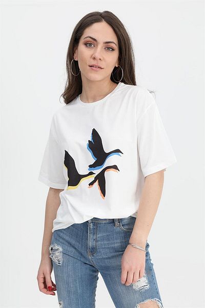VAPUR TEKSTİL Tricou ecru cu imprimeu cu pasăre