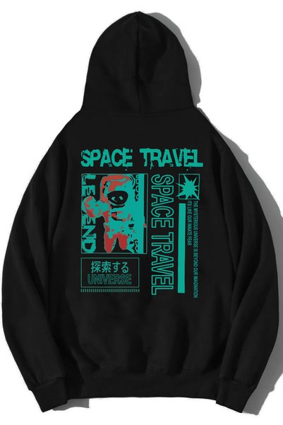 DEEPSENCE Unisex Μαύρη κουκούλα Oversize SPACE TRAVEL Φούτερ με στάμπα πίσω