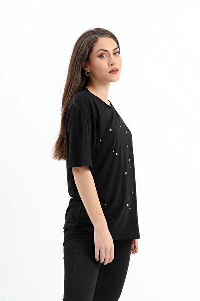 VAPUR TEKSTİL Crew Neck Ring and Bead Detailed T-shirt - Black