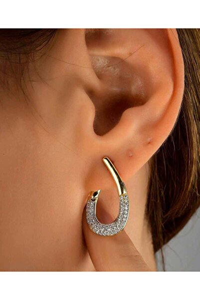 AychaAksesuar سلسلة الفولاذ VIP أقراط حجرية حديثة من حجر الزركون بلونين