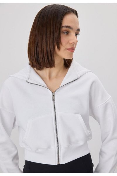 TUBİA Women's White Color Hooded Ribbed Crop Sweatshirt Cardigan