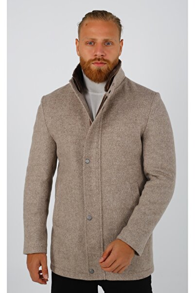 Brango Erkek Fermuar Detaylı Kürklü Yaka Kaşe Kaban