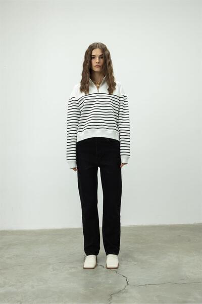 TUBİA Γυναικείο κοντό λευκό μαύρο ριγέ φούτερ με μισό φερμουάρ