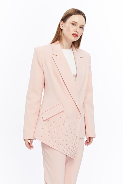 Appleline Women's Plus Size Asymmetric Cut Stone Embroidered Jacket Powder