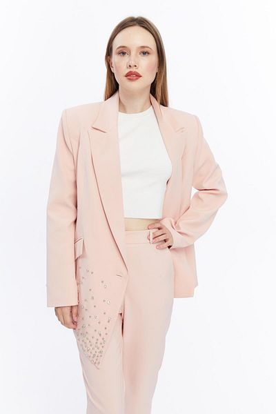 Appleline Women's Plus Size Asymmetric Cut Stone Embroidered Jacket Powder