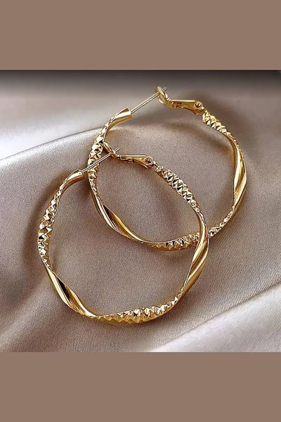 ELMATOLYE Women's Gold Patterned Gold Color Hoop Steel Earrings Large Size