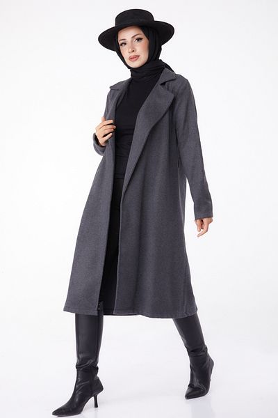 TOFİSA Plain Double Breasted Collar Women's Anthracite Stamp Coat - 13287