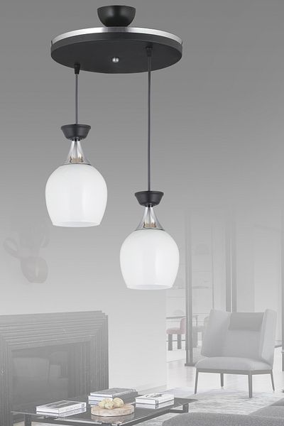 SONSUZ AYDINLATMA&AVİZE Pendant Lamp Tray Set of 2 Black Bell Jar with White Glass and Chrome Strip Modern Downward Facing Chandelier