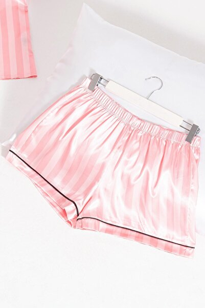 FOR YOU MODA 5'li Pembe Fuşya Çizgili Saten Pijama Şort Takım