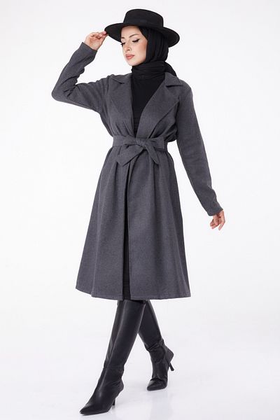 TOFİSA Plain Double Breasted Collar Women's Anthracite Stamp Coat - 13287