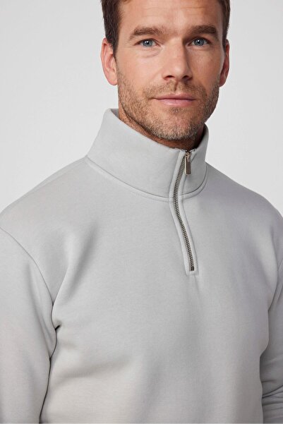 Tudors Unisex Relax Fit Rahat Kesim Pamuklu Içi Polarlı Yarım Fermuarlı Taş Renk Dik Yaka Sweatshirt