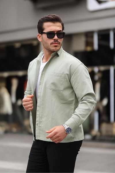 Valiberta Single Pocket Oversize Gabardine Fabric Men's Shirt - Light Green