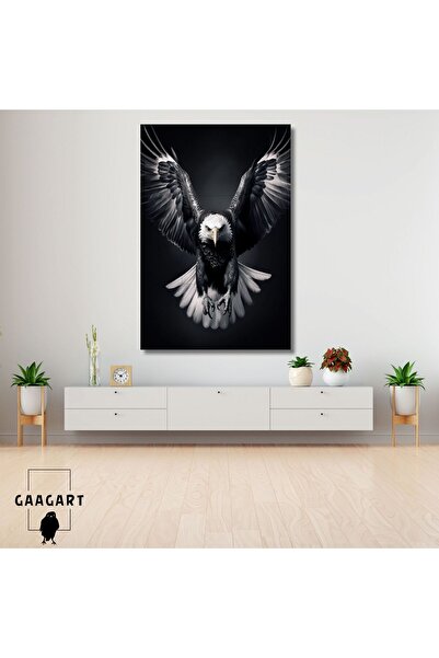 GAAGART Tekli Dikey Kanvas Duvar Tablosu  Karşıdan Kanatlarını Açmış Siyah Beyaz Kartal