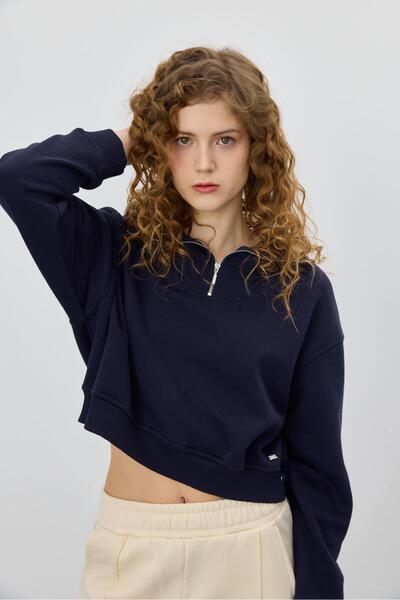 TUBİA سويت شيرت نسائي نصف سحاب باللون الأزرق الداكن