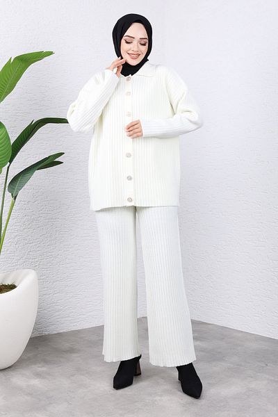 Tesettür Dünyası White Knitwear Set - Tsd 240936 , Front Buttoned