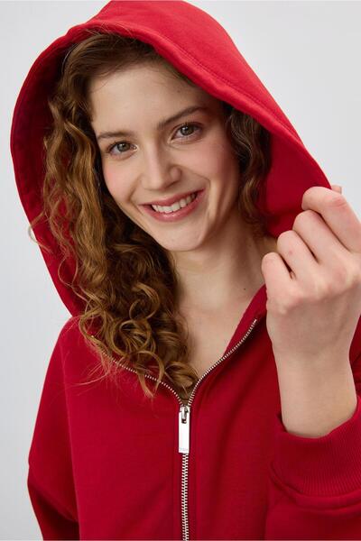TUBİA Women's Hooded Red Color Crop Sweatshirt Cardigan
