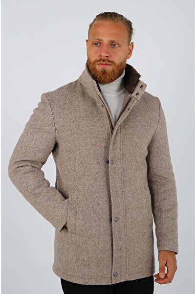 Brango Erkek Fermuar Detaylı Kürklü Yaka Kaşe Kaban