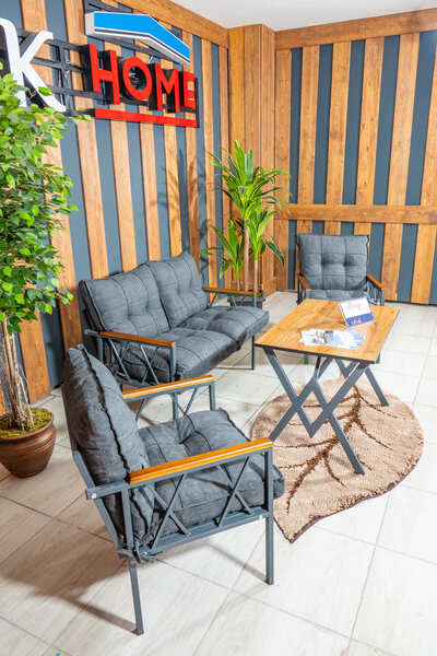 UFUK HOME Miray 211 Masalı Antrasit Fermuarlı Bahçe Balkon Takımı, Salon, Teras- Berjer Düğmeli Metal Çay Seti