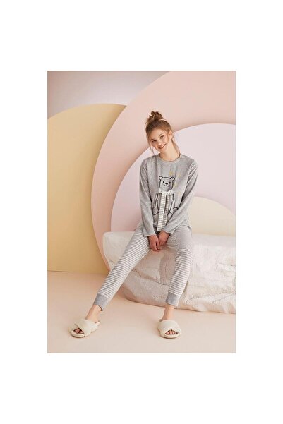 Miss Free Sevim 14152 Siva Pamuk Deo Vezena Ženska Pidžama Set
