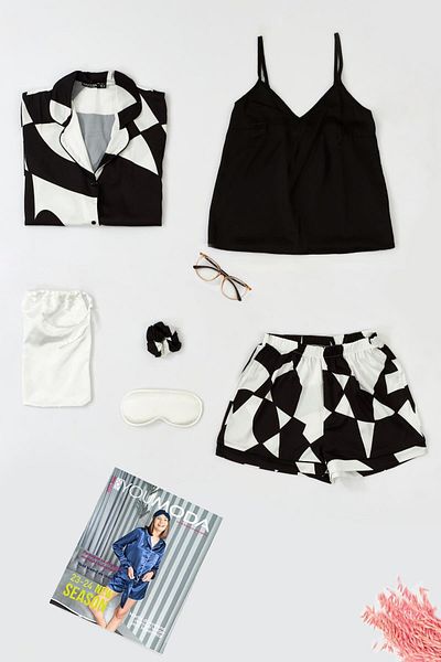 for you sleepwear 6-Piece Patterned Black and White Satin Pajama Shorts Set
