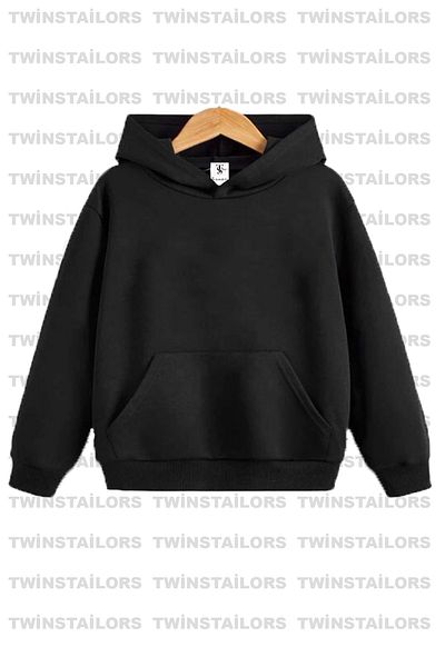 twins tailors Унисекс черен суитшърт с качулка за училище, без принт, от полар отвътре, 2 броя