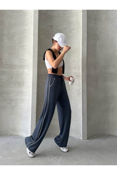 BEJNA Dámské antracitové modální kalhoty s proužkovaným proužkem