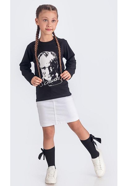 Minik Dolap 10 November Themed Ataturk Printed Long Sleeve Bodysuit and Skirt Set