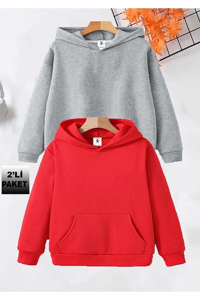 twins tailors Unprinted 2-Pack Unisex Red-Grey Hooded Children's School Sweatshirt with Fleece Inside
