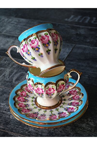 manushum El Boyama Porselen 2li Set Mine Kahve Fincan Takımı-bebe mavi