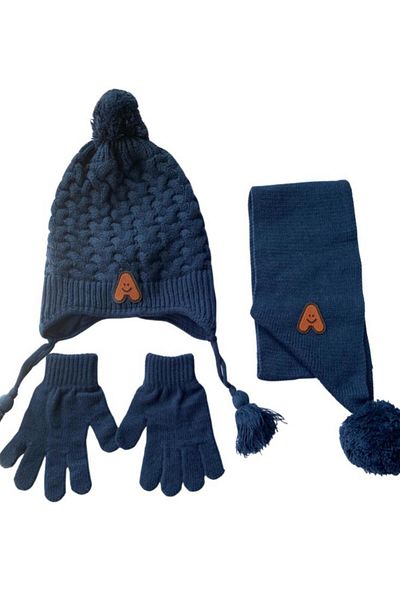 Kitti Navy Blue 3-Piece Set - 4-8 Years Old Boys' Beanie, Non-Fleece Acrylic Scarf, Gloves