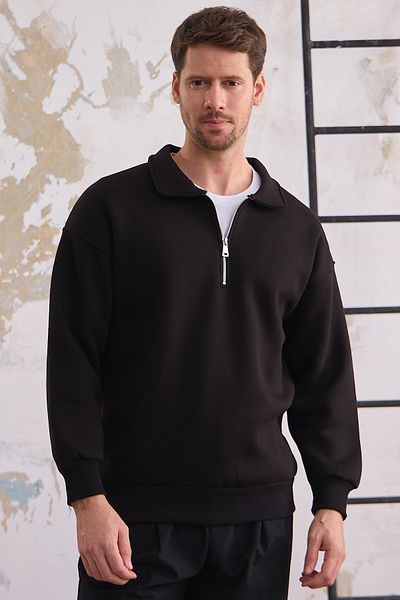COMBİNE MİCHAİL Men's Black Sweatshirt - Half Zipper, Regular Fit