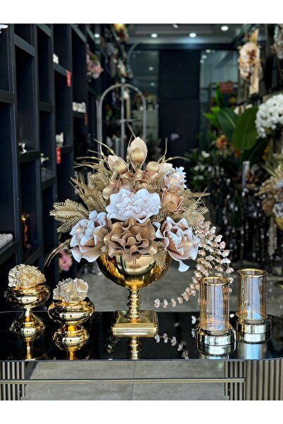 TASARIMHMODA Yapay Çiçekli Gold Kare Ayak Vazo 5 Parça Set No:6