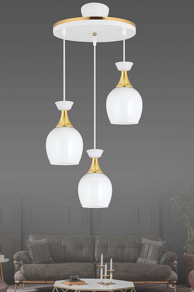 SONSUZ AYDINLATMA&AVİZE Pendant Lamp Tray 3-Piece White Bell Jar with White Glass and Yellow Stripe Modern Downward-Facing Chandelier