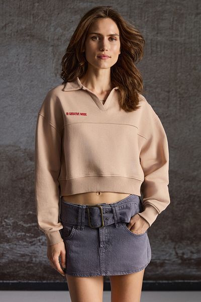 GRIMELANGE Shanell Women's - Organic Cotton Embroidered Polo V-Neck Crop Sweatshirt
