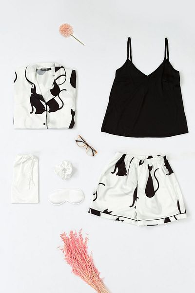 for you sleepwear Set de pantaloni scurți de pijama din satin alb cu model de pisică din 6 piese