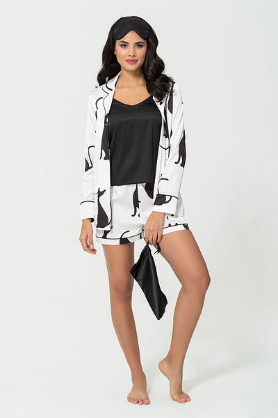 for you sleepwear Set de pantaloni scurți de pijama din satin alb cu model de pisică din 6 piese