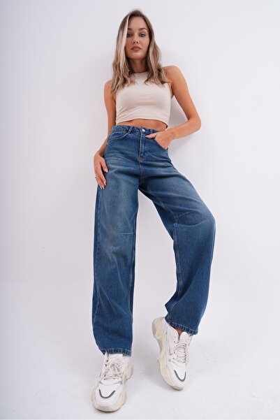 DENOKMODA Blue Waist Belt Detail Bol Cut Baggy Jeans