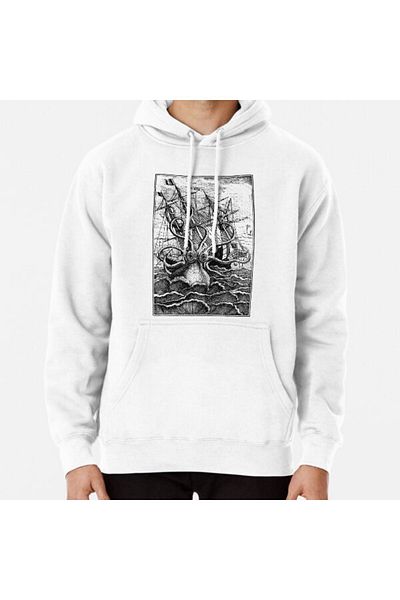 Hvit Stein Vintage Kraken Attacking Ship Illustration Printed Sweatshirt