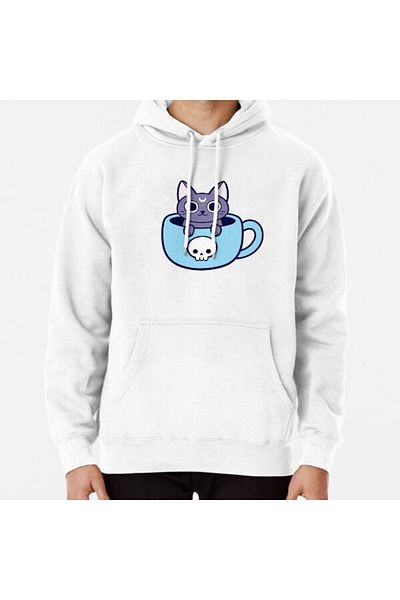 Hvit Stein Hanorac imprimat Black Magic Tea / Coffee Cat Nikury