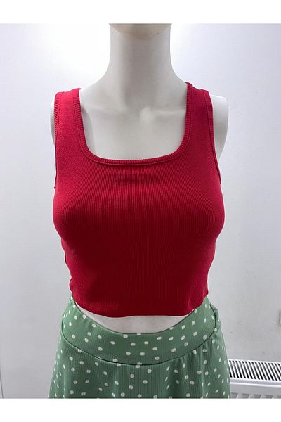 LADY HAZAL Red Mini Crop Top Darkalıp Ribbed Thick Strap Square Collar Bustier