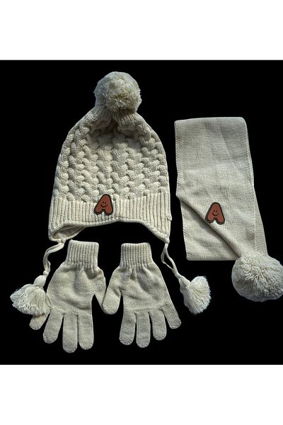 Kitti Cream Color 3-Piece Set for Boy 4-8 Years Old - Non-Fleece Acrylic Scarf and Gloves