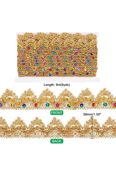 Choice Aech03-00775 9.8 Yards Golden Sequinned Lace Trim 1.5” Beaded Lace Trim Metallic Lace Ribbon Vintage