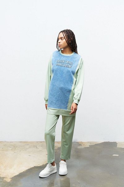 Basicpark Green Embroidered Denim Sweatshirt - Crew Neck, Skinny Leg Trousers, Cotton Knitted