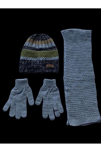 Kitti Grey/Green 3-Piece Set for Boys Ages 9-15 - Fleece Beanie, Acrylic Scarf, Gloves