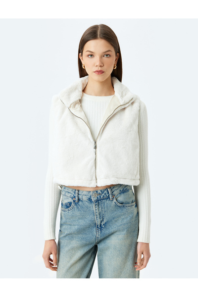 Koton Faux Fur Stand Collar Zippered Crop Lined Vest