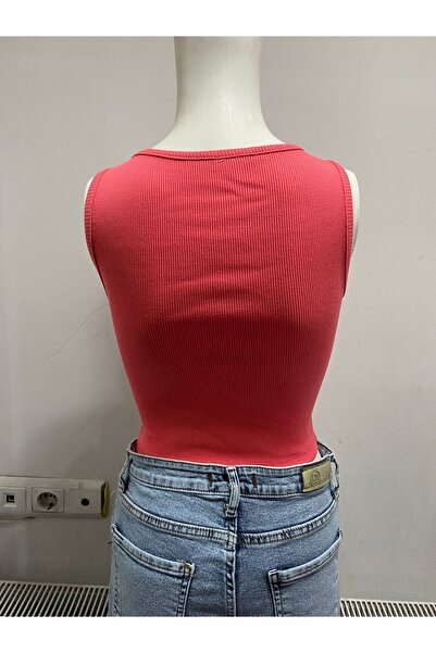 LADY HAZAL Coral Halter Neck Crop Top Darkalıp Ribbed Thin Bias Bustier