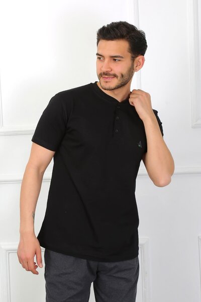 Akbeniz Ανδρικό χτενισμένο βαμβακερό σετ μαύρης πιτζάμας 6824 3 τεμαχίων