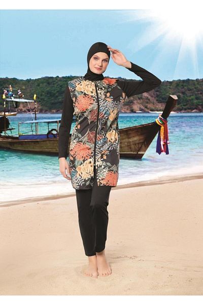 Ruko Maio 22148 Colorful Women's Patterned Hijab Swimsuit