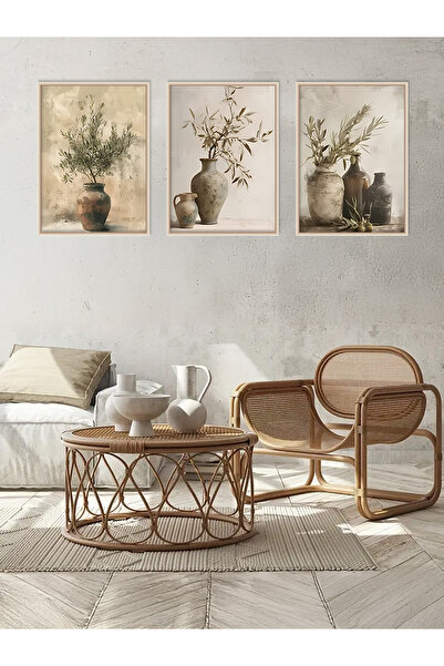 fijigo Çerçeveli Zeytin Gölgeleri Minimalist 3'lü Tablo